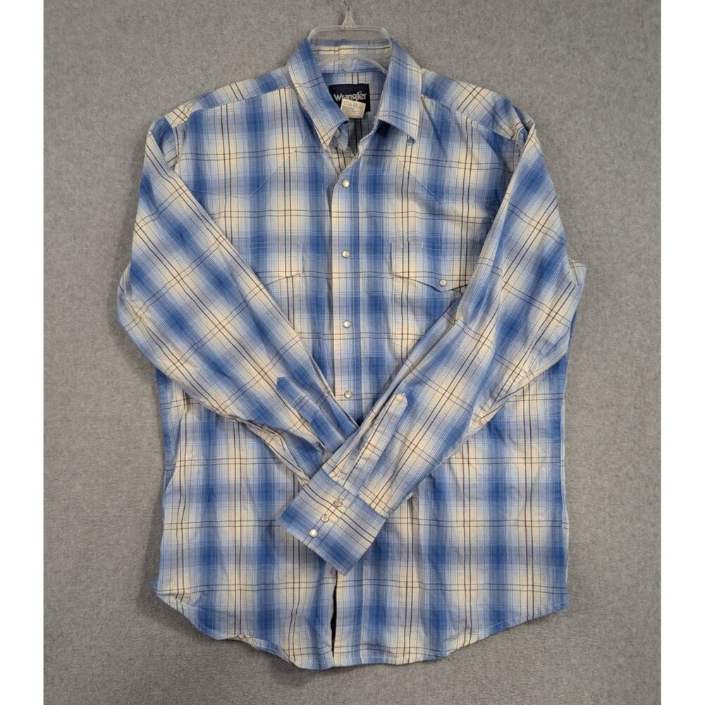 Wrangler Shirt Mens Large Blue White Plaid Pearl Snap Western Rodeo Cowboy